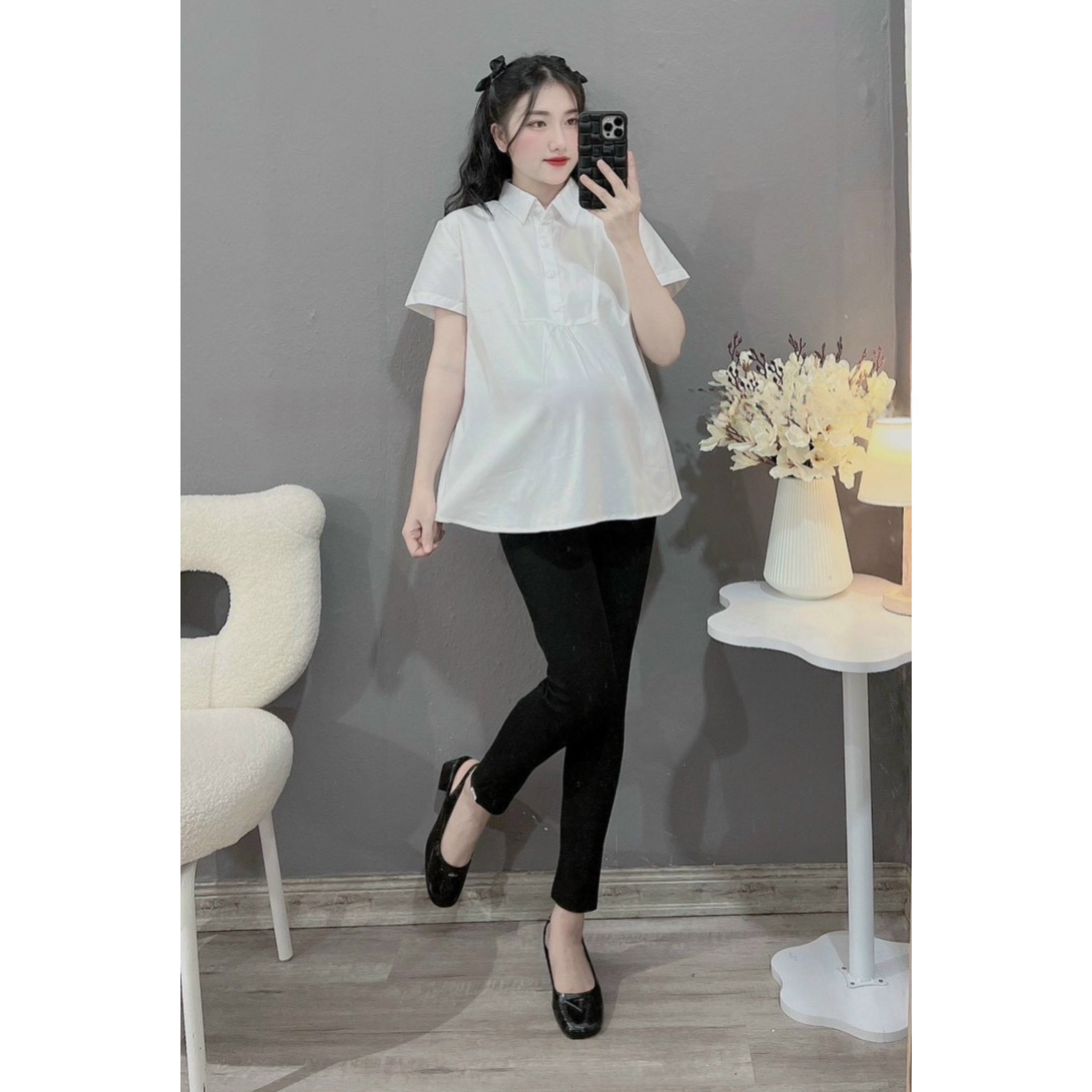 Áo bầu sơ mi trắng công sở a093