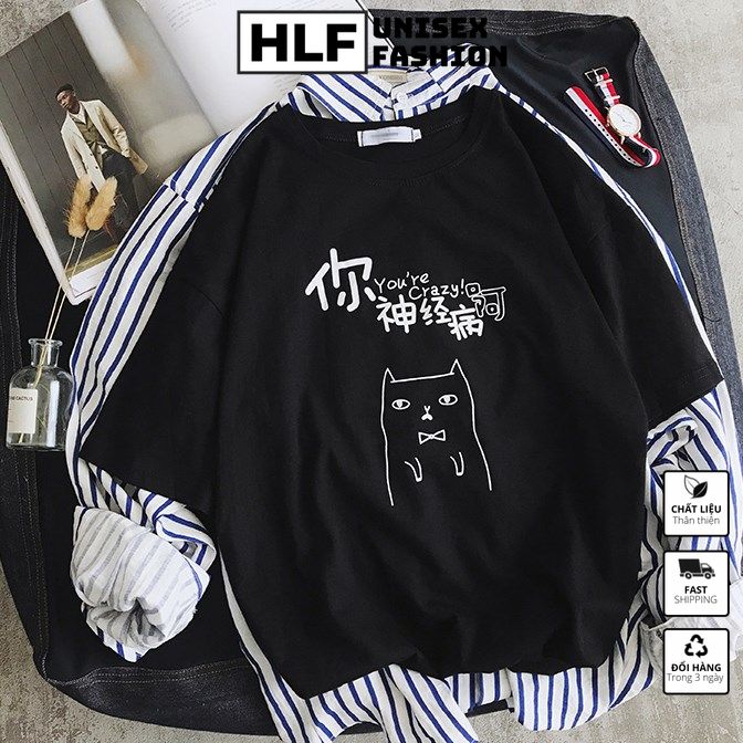 Áo thun tay lỡ form rộng Mèo meo meo Craxy Hàn Quốc, áo phông form rộng size HLFashion