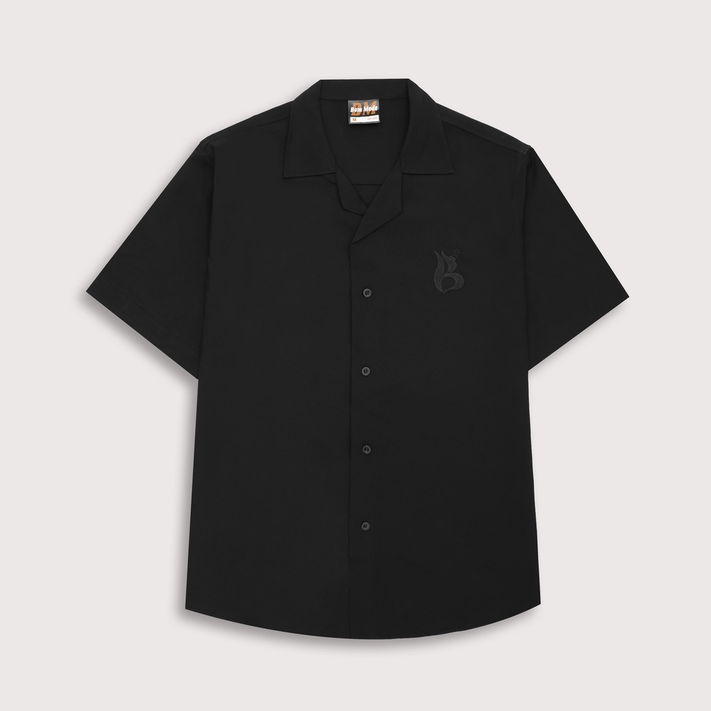 Áo sơ mi cổ chữ v unisex bommode mango thêu màu đen - be