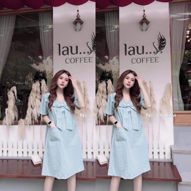 Váy suông thắt nơ 2 túi chất đũi xinh xắn