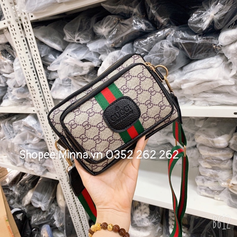 Túi Đeo Chéo Gu Xì Ngang Phối Kẻ 3 Ngăn