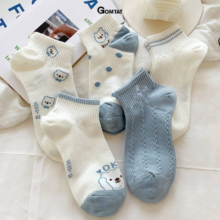 Set 5 đôi vớ cổ thấp nữ GOMTAT hoạ tiết dễ thương, chất liệu cotton dày dặn êm ái, ôm chân không bó chặt - CB089