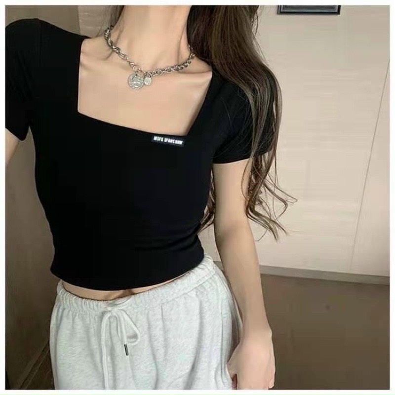 Áo croptop cổ vuông PINKSTORE29 tay ngắn gắn tag kiểu đơn giản A5155