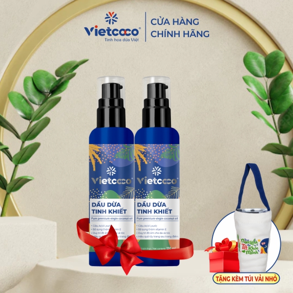 Hộp combo 2 chai dầu dừa tinh khiết Vietcoco 130ml (tặng kèm túi vải đựng bình nước)