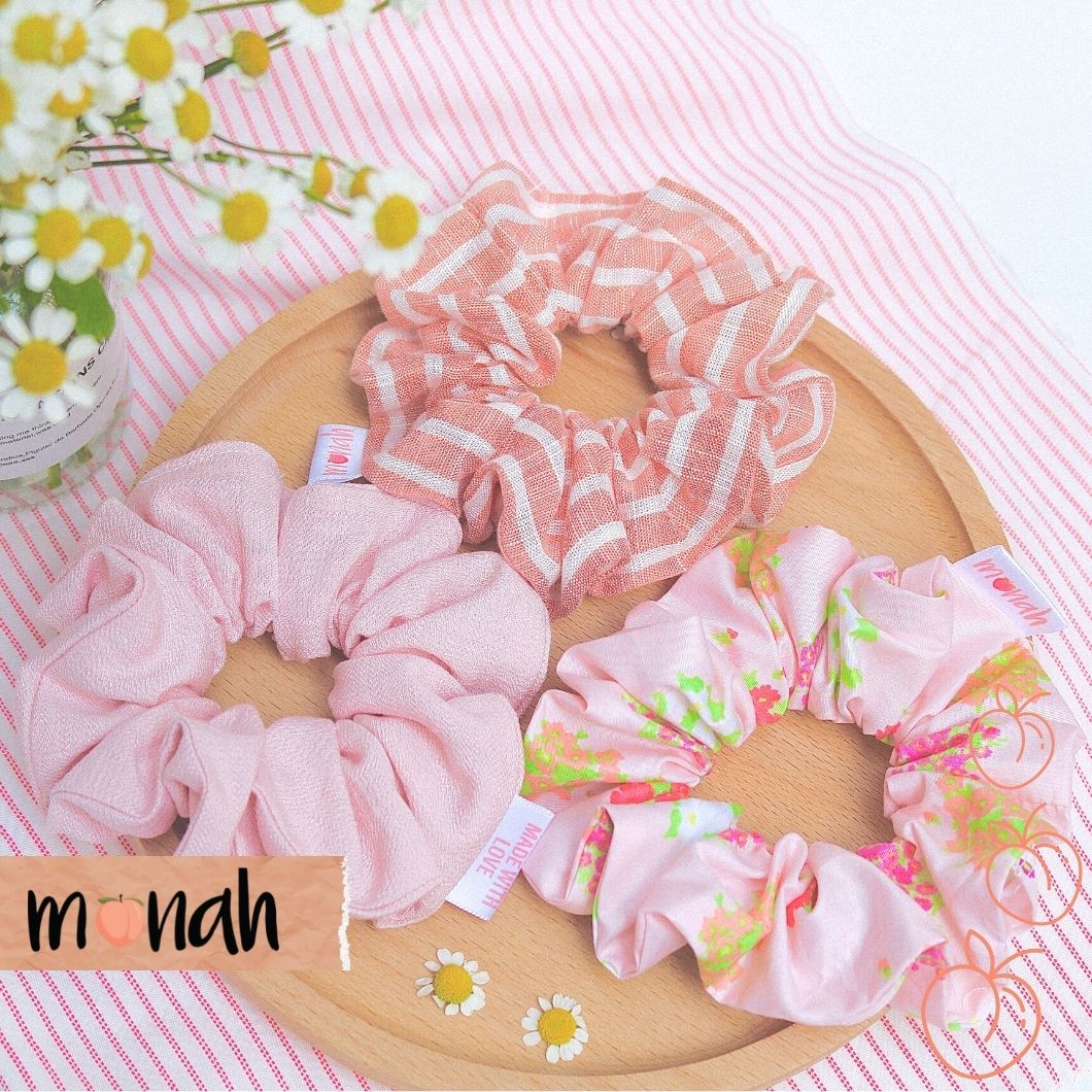 [HCM]Combo 3 Cột Tóc Buộc Tóc Scrunchie Màu Hồng Pastel Sọc