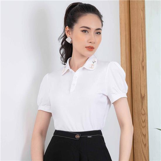 [HCM]Áo thun trắng cổ polo thêu hoa