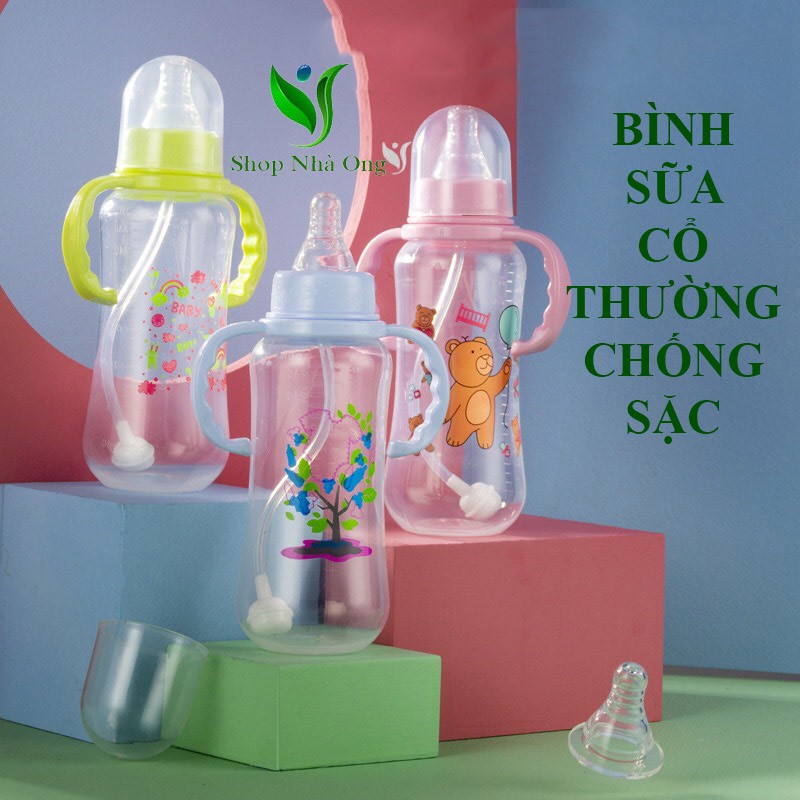 Bình Sữa Cố Thường Có Van Chống Sặc Núm Ti Silicon Siêu Mềm