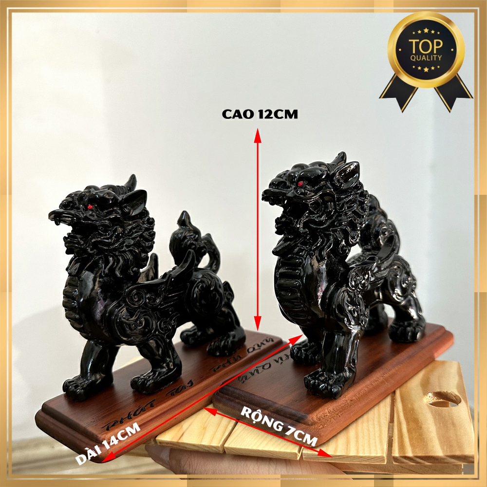 Cặp tượng đá tỳ hưu trang trí phong thủy - dài 14cm kèm đế gỗ - đá non nước đà nẵng