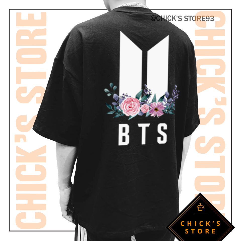 Áo thun tay lỡ BTS phối hoa (Màu đen) - Áo thun Kpop