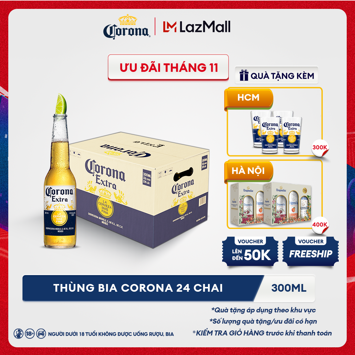 [25.11 - 29.11 VC ĐẾN 100K+FS] Thùng 24 Chai Bia Corona (300ml/chai)