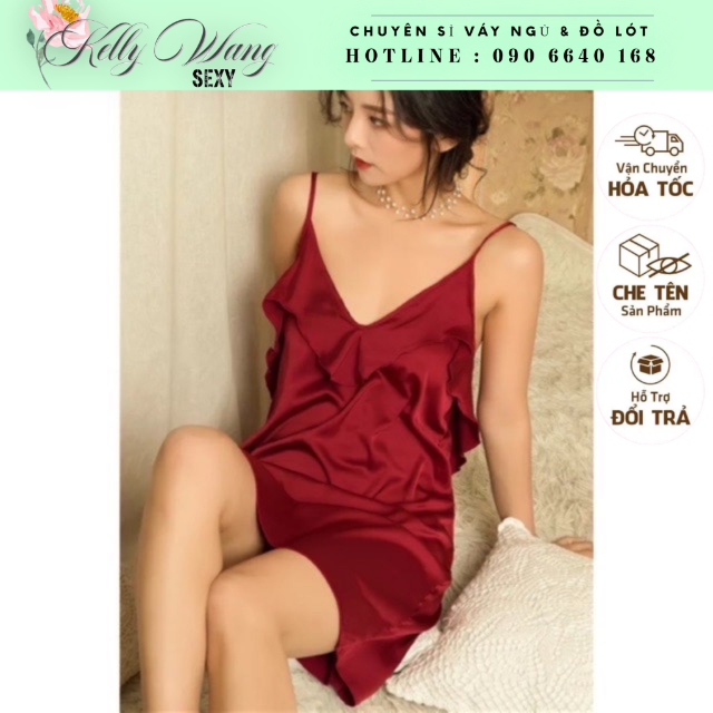 Váy ngủ lụa KELLY WANG sx165 đắp bèo lụa satin cao cấp - đầm ngủ lụa satin