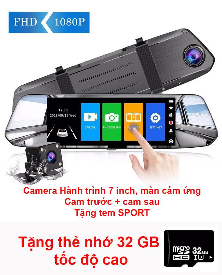 Camera hành trình gương chiếu hậu, 7 inch, cảm ứng, camera lùi, camera xe hơi