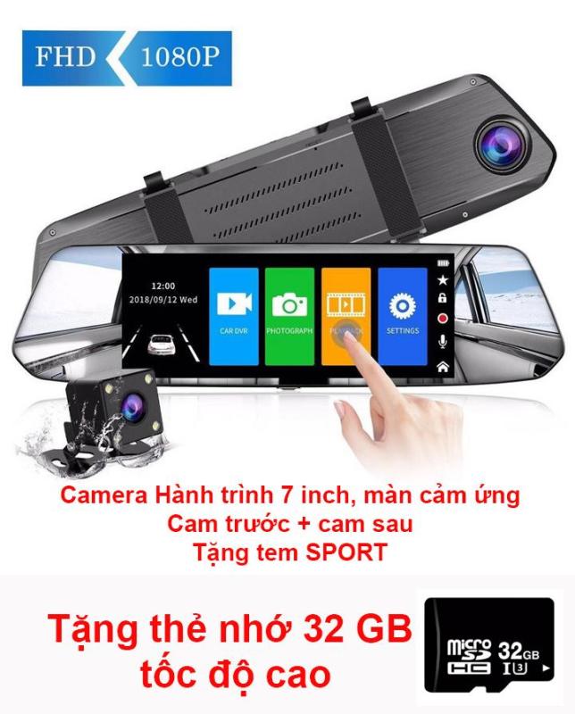 Camera hành trình gương chiếu hậu, 7 inch, cảm ứng, camera lùi, camera xe hơi