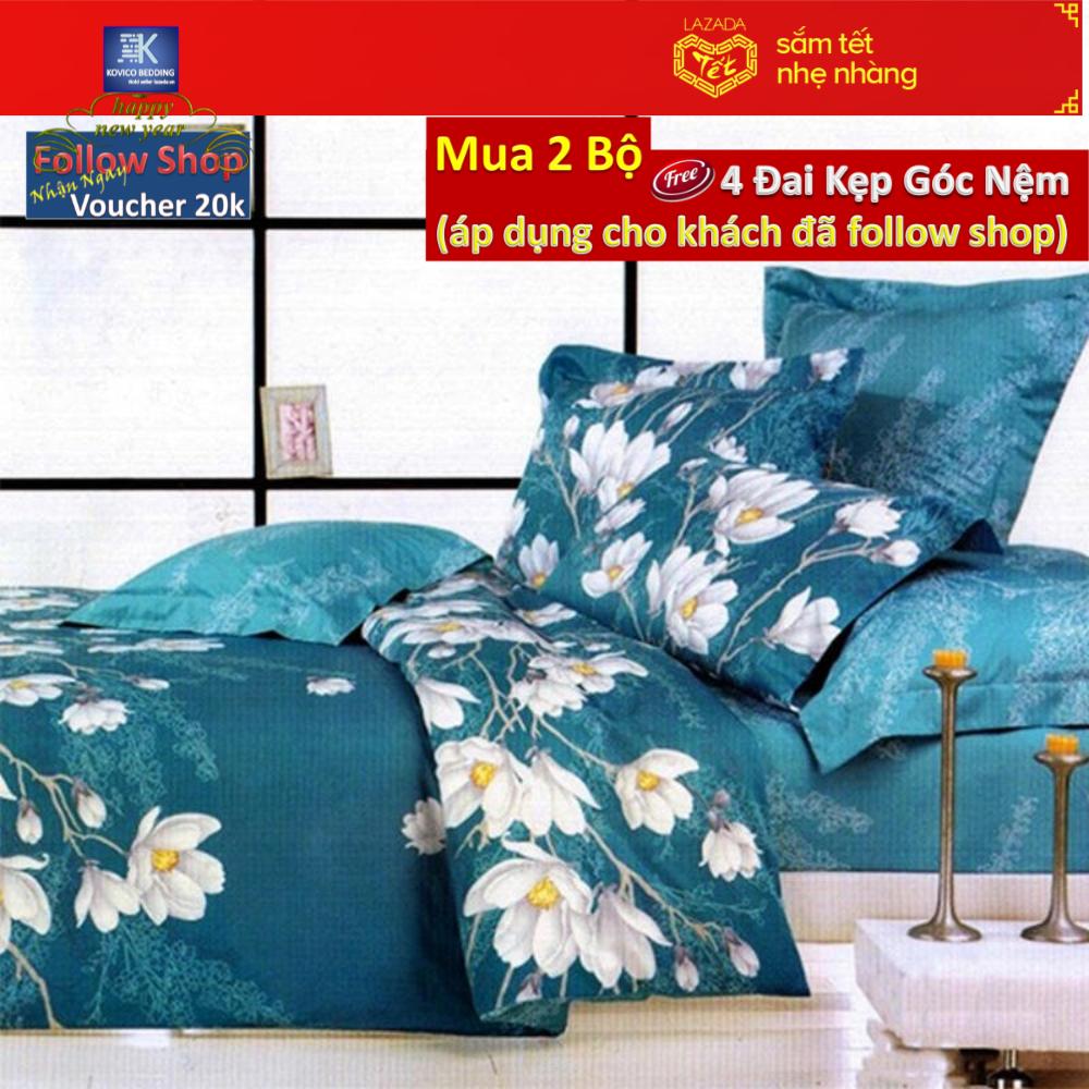 (FreeShip MAX) Bộ ga cotton hoa dây Lan Xanh 1.6mx2.0m (Xanh)