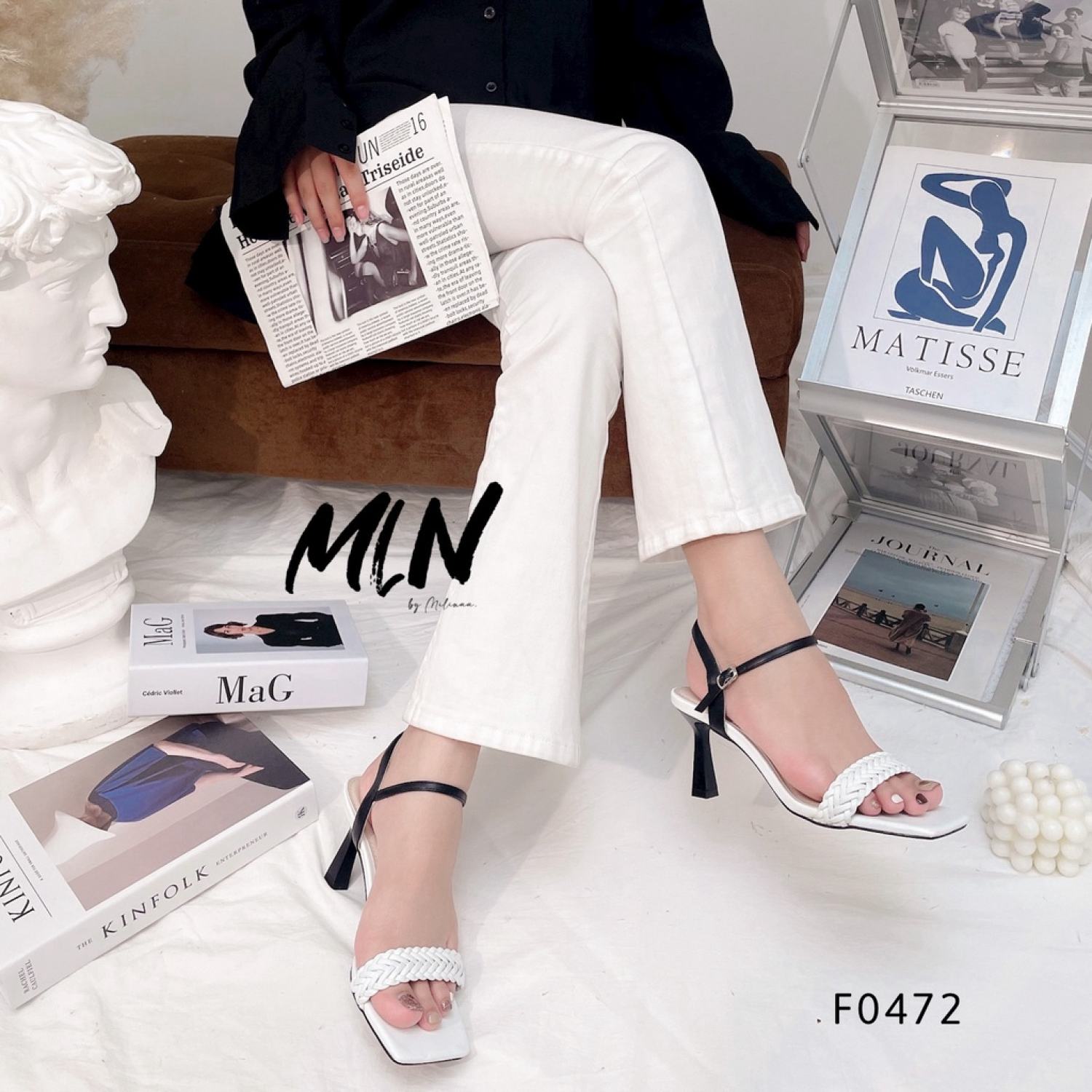 Giày cao gót nữ gót nhọn 5p bản ngang bính hậu gài phối hở gót f0472