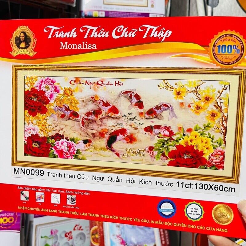 [HCM]Tranh thêu chữ thập cửu ngư quần hội hoa mẫu đơn MN0099 + MN0100 ( tranh thêu kín) - nhiều kích thước