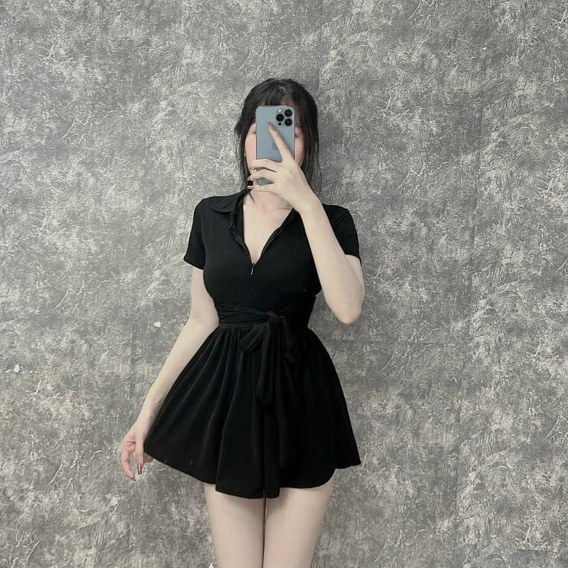 Đầm Cộc Tay Cổ Trụ Thắt Eo