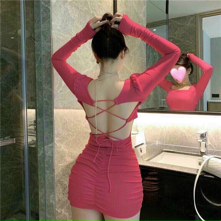 Đầm Váy Nữ Ôm Body Cổ Vuông Tay Dài Đan Dây Hở Lưng Diện Đồ Cực Kỳ Tôn Dáng Thời Trang Kiểu Cách Đi Chơi, Đi Dự Tiệc D.ONE FASHION, Mẫu Free Size Mặc Vừa