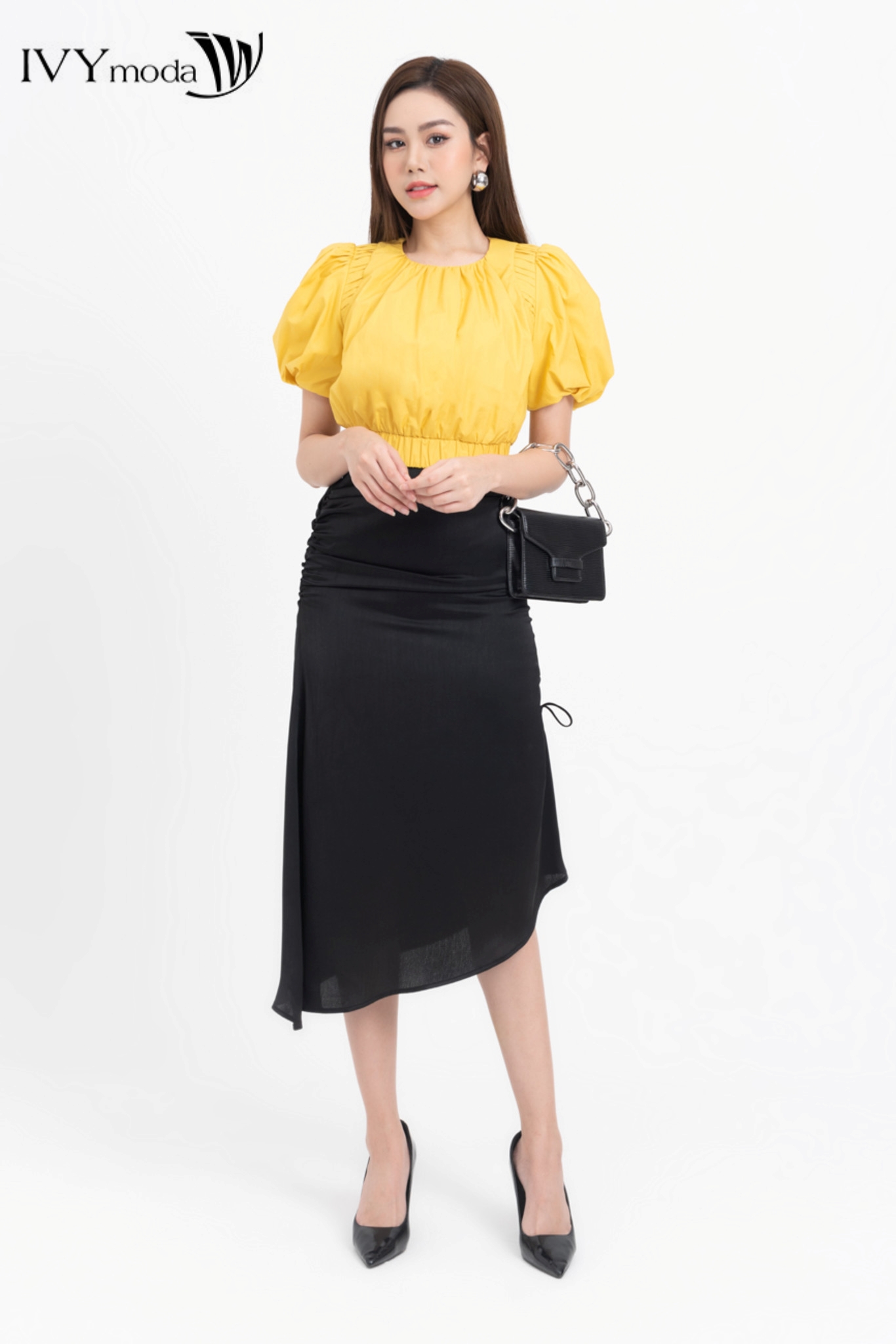 Chân váy lệch tà phối dây rút ivy moda 31m8329