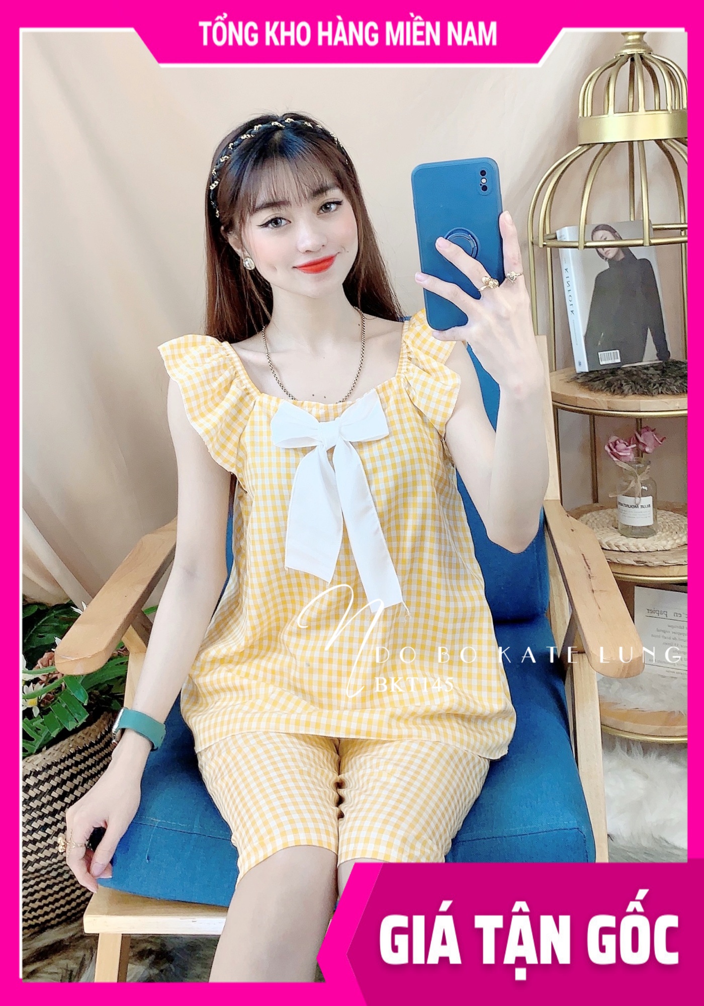 Đồ bộ nữ mặc nhà kate quần lửng sọc caro mềm mịn 🎀 Đồ bộ kate lửng 🎀 Đồ bộ kate phối nơ cực xinh BKT145 🎀 Ảnh thật 🎀 Đồ bộ nữ 🎀 Đồ bộ mặc nhà 🎀 Bộ lửng nữ caro