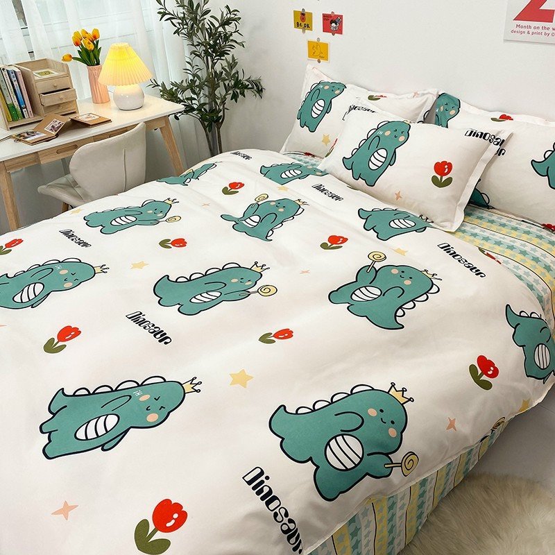 Trọn Bộ CHĂN GA GỐI MỀN, Hàng Cotton Poly Nhập Mẫu KHỦNG LONG NHÍ XANH Cute, Đáng Yêu.