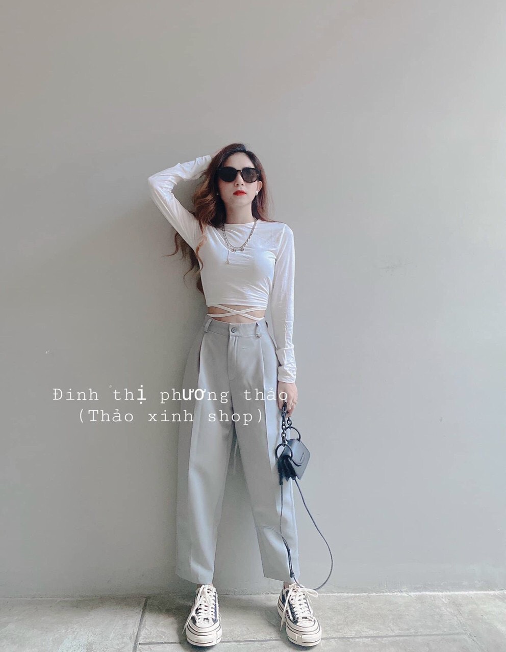 áo thun lụa tay dài phối dây cuốn buộc eo xinh xắn