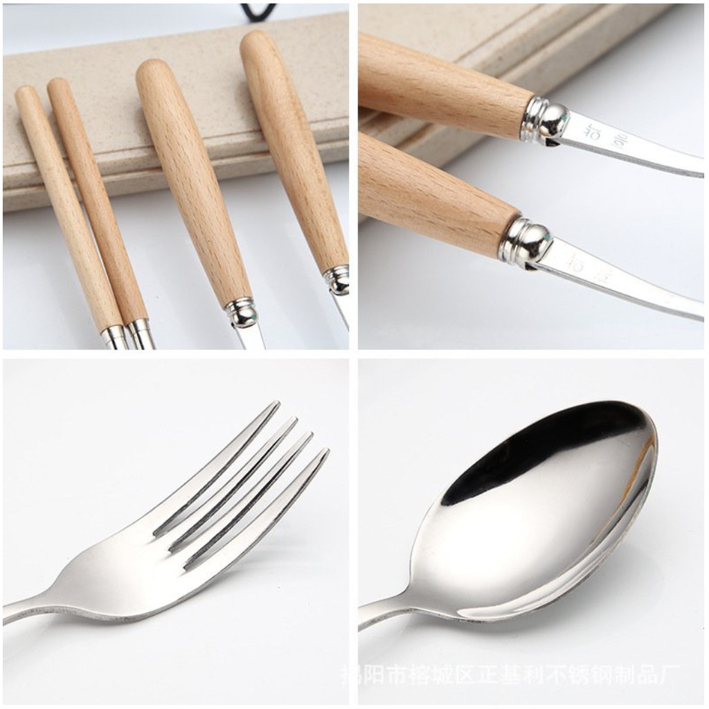 Bộ thìa đũa Ahahome cá nhân văn phòng lúa mạch cán gỗ 3 thứ thìa,dĩa,đũa