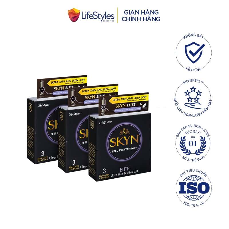 Bộ 3 hộp bao cao su LifeStyles SKYN Elite Non-Latex siêu mỏng siêu mềm cao cấp 3 bao, biện pháp phòng tránh thai và các bệnh đường tình dục tiện lợi nhập khẩu