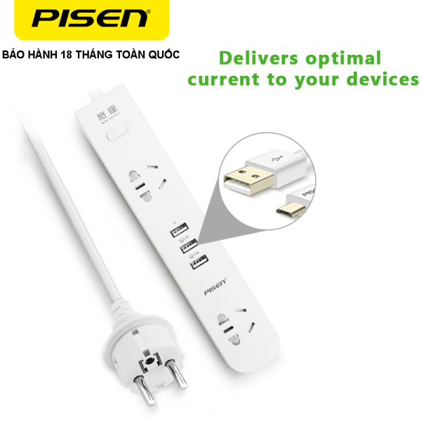 Ổ cắm điện Pisen KY-23(EP) - Ổ cắm điện thông minh, đa năng (2 đầu ra AC và 3 đầu ra USB) - Hàng chính hãng - Bảo hành 18 tháng