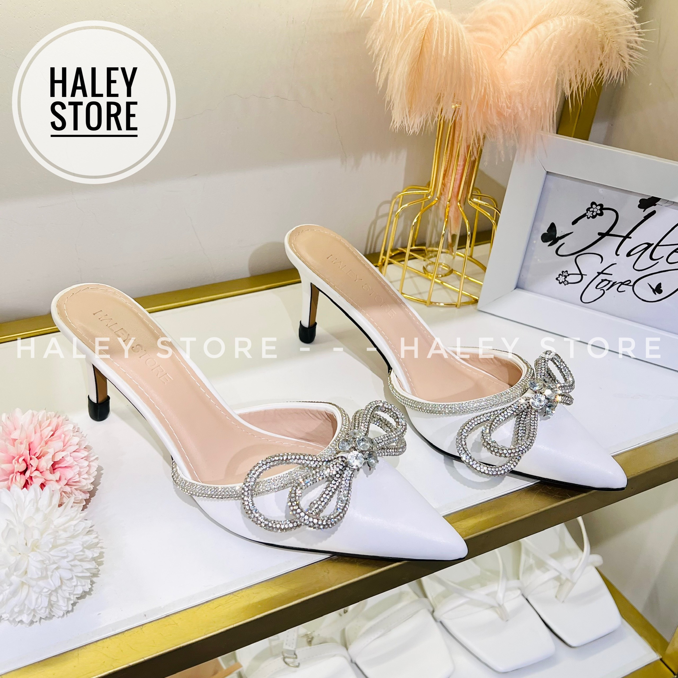 Giày sục nơ xoàn vip đen HALEY STORE cao gót 7cm quai đính nơ xoàn đá pha lê mũi nhọn công chúa tiểu thư cô dâu đi tiệc