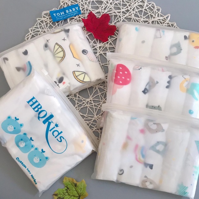 Set 5 khăn sữa 6 lớp họa tiết cotton 100% túi zip cao cấp Kiluta-HBQ