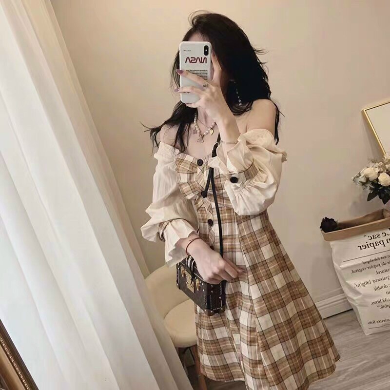 Đầm nữ trễ vai họa tiết carô tay bo chun dúng dễ thương