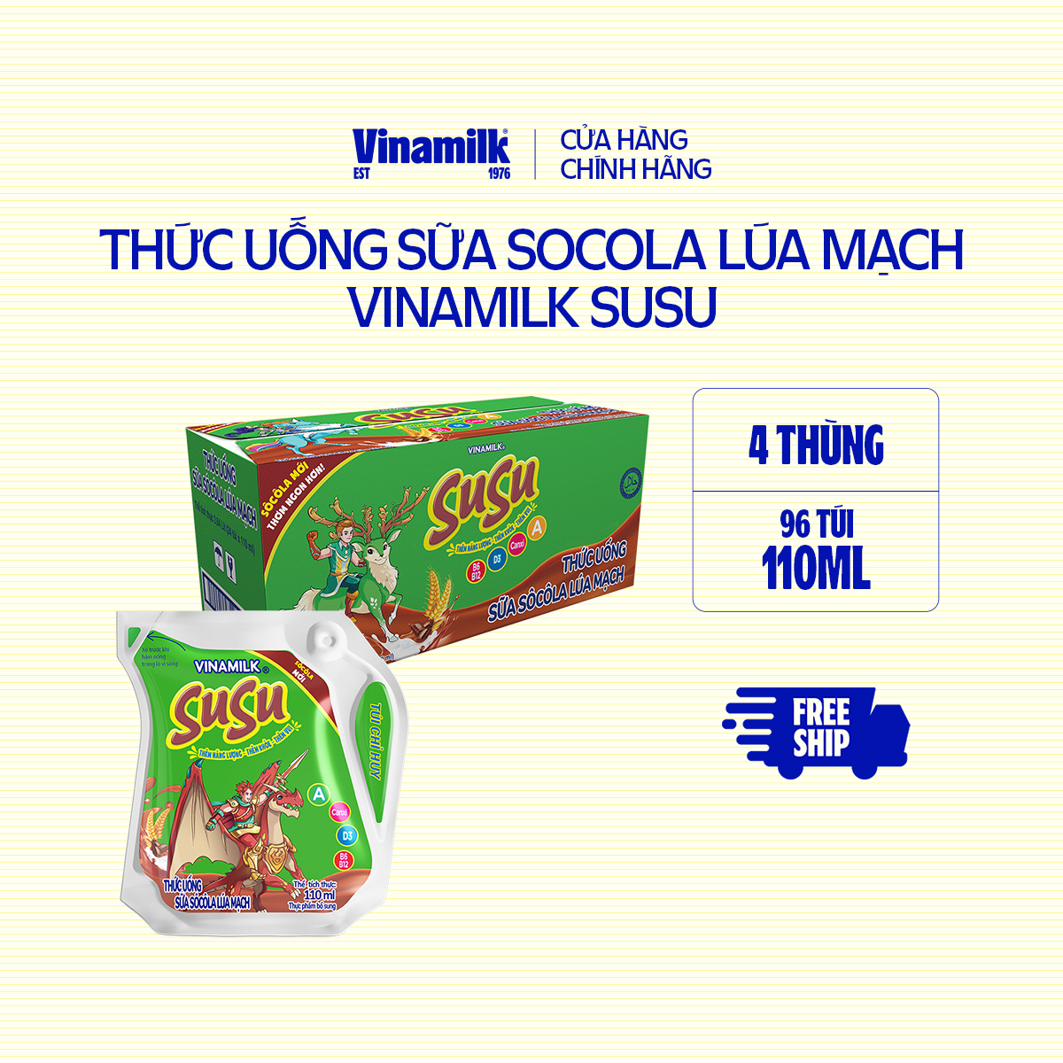 4 Thùng Thức uống Sữa Socola Lúa Mạch Vinamilk Susu Túi 110ml - 24 túi/Thùng