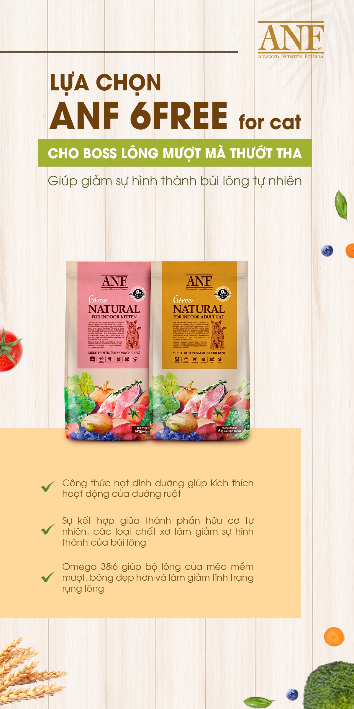 [2kg] (Mua 1 TẶNG 2 HÀNG MẪU)Thức ăn hạt cho mèo con ANF 6 Free Indoor Kitten