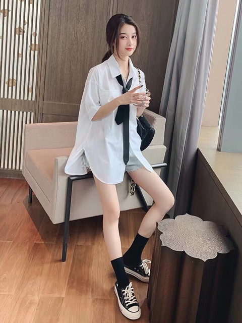 [HCM]Áo Sơ Mi Ulzzang Kèm Cà Vạt Phối Sét Hàn Quốc HOT