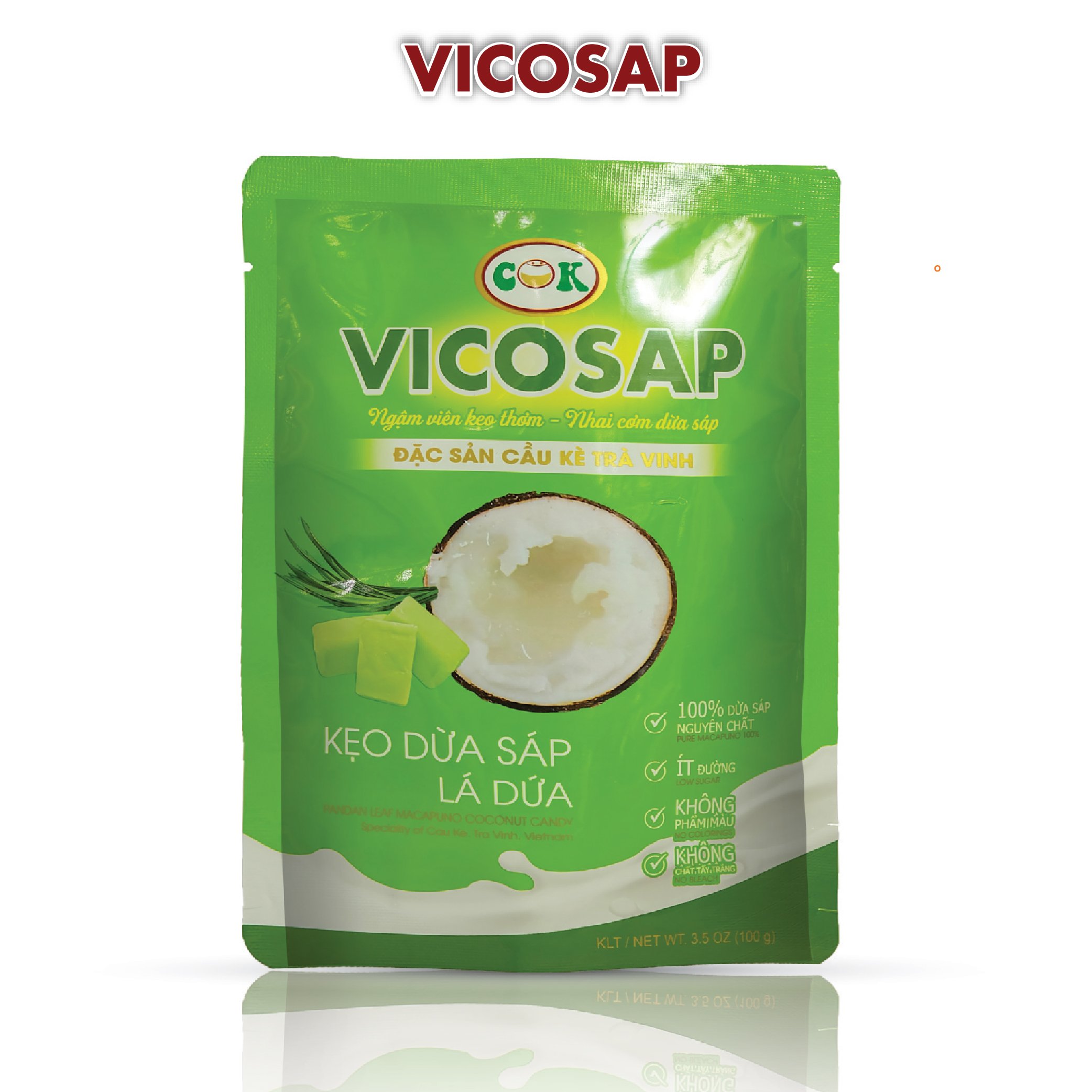 Kẹo dừa sáp vị lá dứa vicosap, kẹo làm từ dừa sáp, ít đường, túi 100gr, 500g, 1kg- đặc sản trà vinh- vicosap