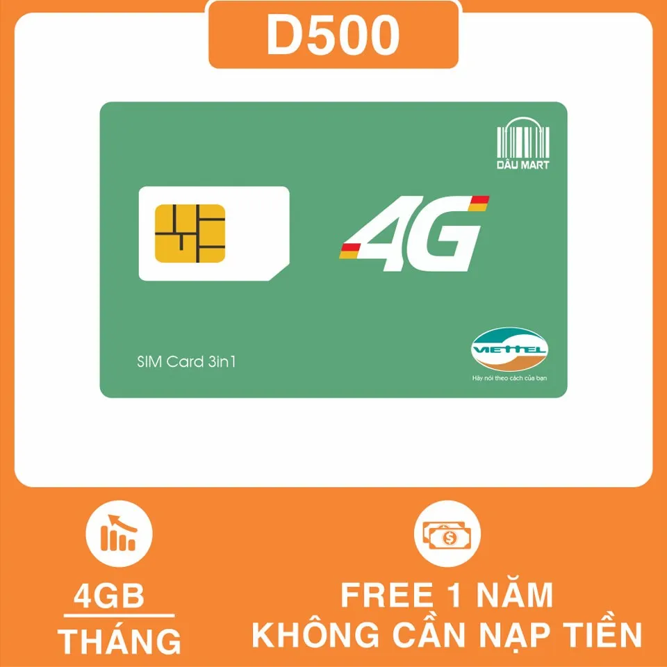 SIM 4G Viettel D500 Dùng DATA Trọn Gói 1 Năm Với 4GB/Tháng x 12 Tháng - DMC Telecom