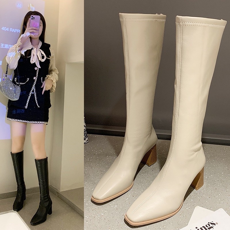 Bốt đùi nữ da lì gót cao 7cm chanh xả