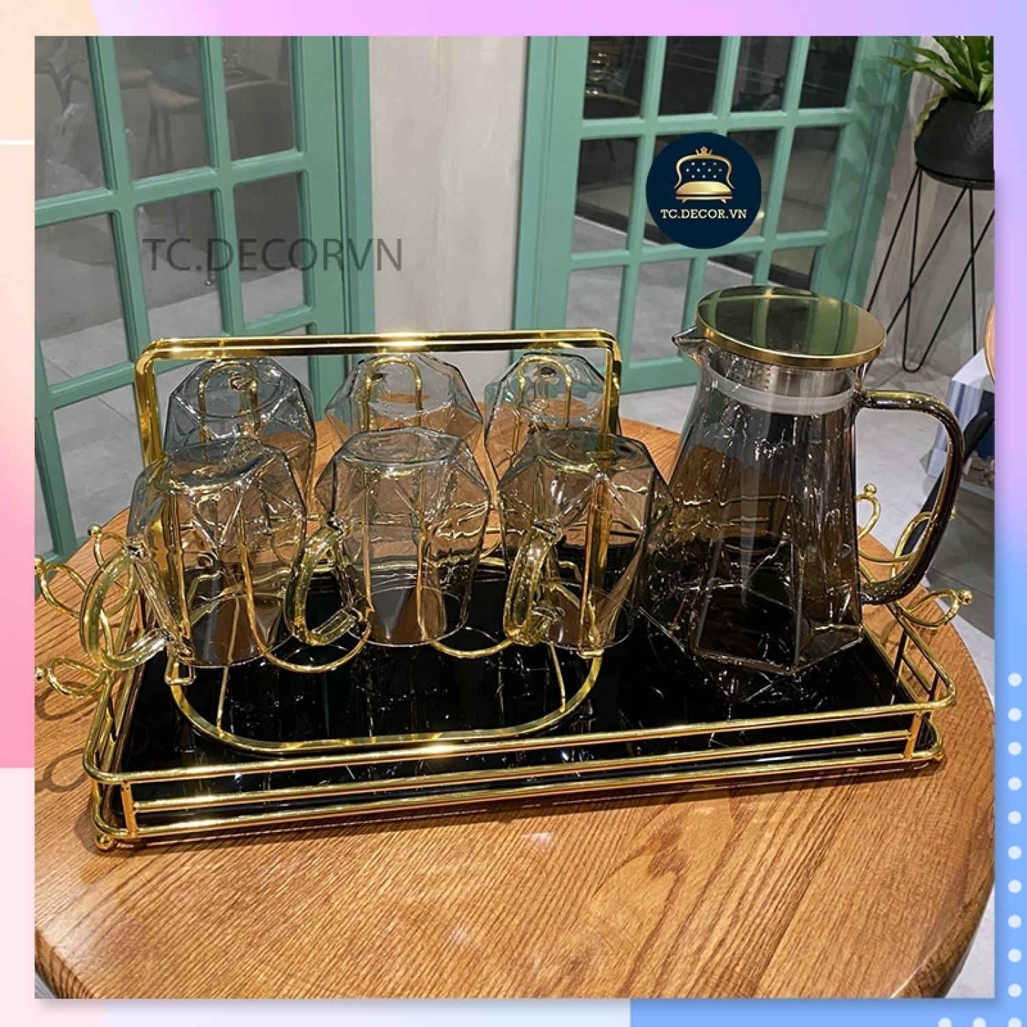 Set 6 Cốc + Bình Thuỷ Tinh Borosilicate Pha Lê Đen 🌸 Sang Trọng Tinh Tế 🌸
