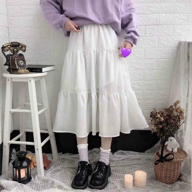 Chân váy Ulzzang phối dây buộc nữ Chân váy chữ A chân váy lưng cao dài ba tầng xoè đẹp siêu cá tính