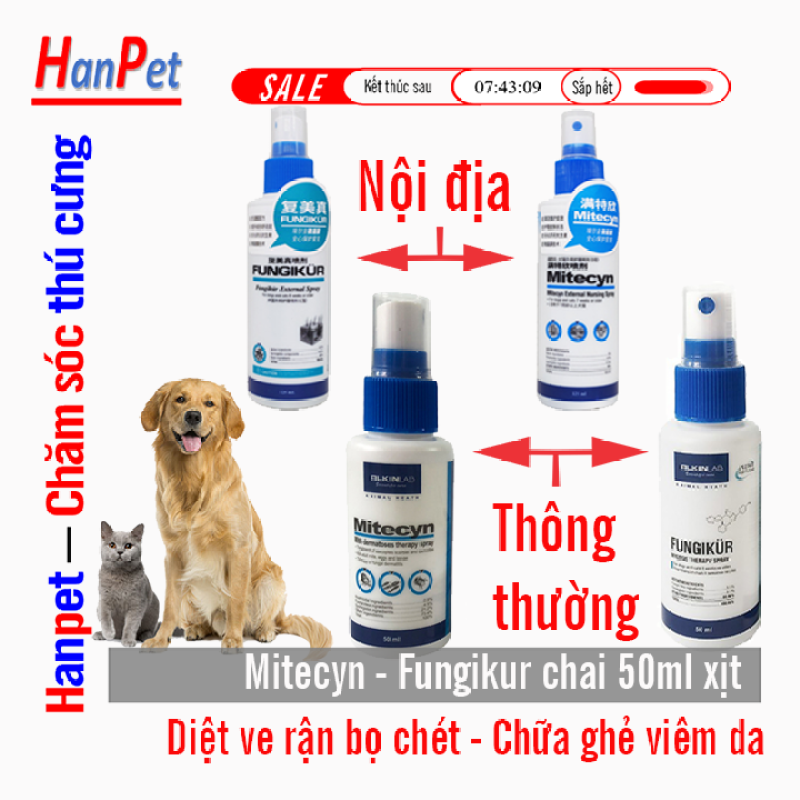 Hanpet - Phun diệt nấm ghẻ ve rận chó mèo Fungikur / Mitecyn / ALBERT / Thần tốc / xịt nấm viêm da trên chó mèo kết hợp tuýp bôi nấm
