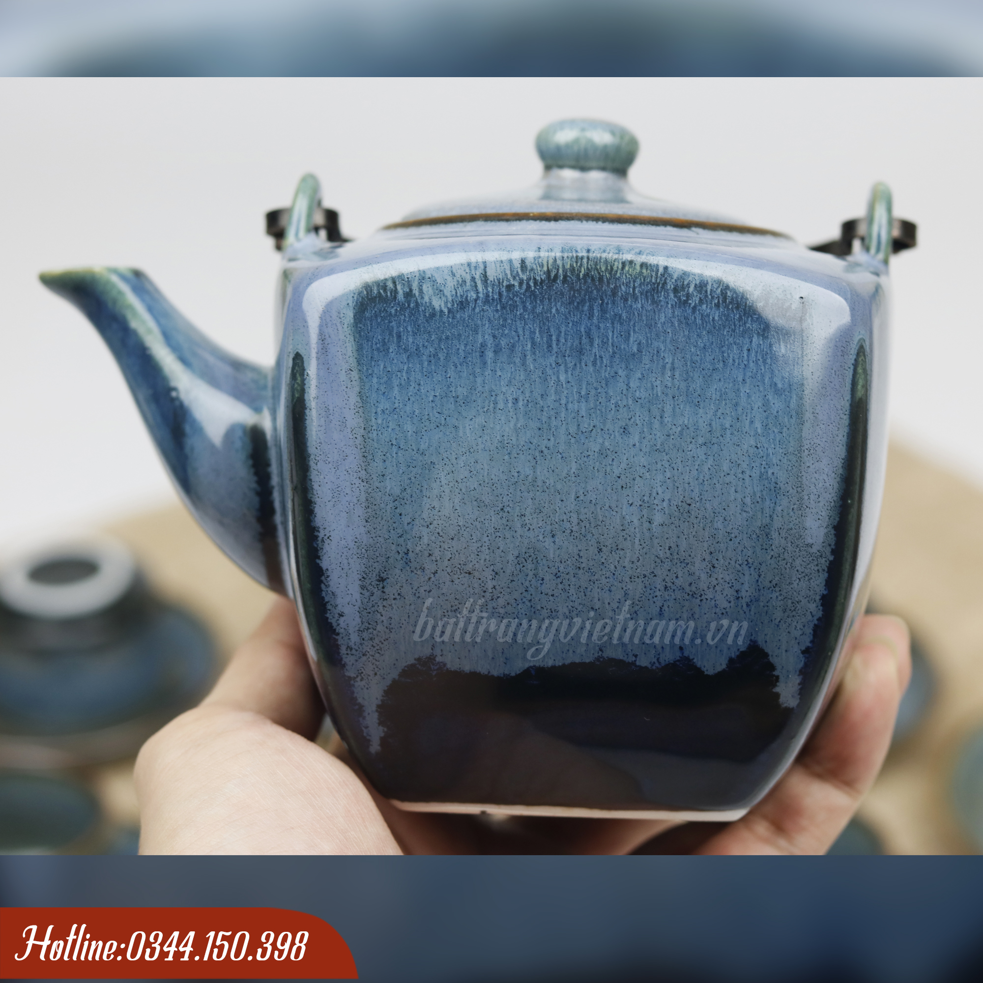 Bộ ấm chén men hỏa biến Bát Tràng màu xanh đá