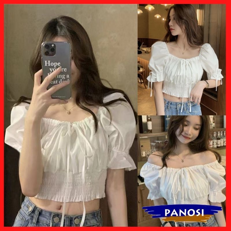 Áo kiểu nữ áo bánh bèo trễ vai buộc nơ xinh xắn dáng croptop đẹp PANOSI - A125