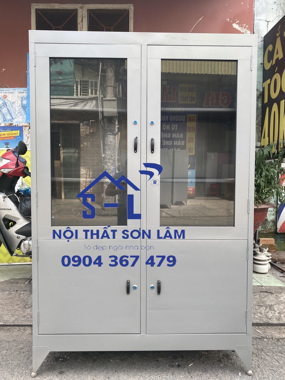 Tủ hồ sơ sắt văn phòng 4 cửa kính ngang 1m2 x 1m8 x 45cm sơn dầu giá rẻ