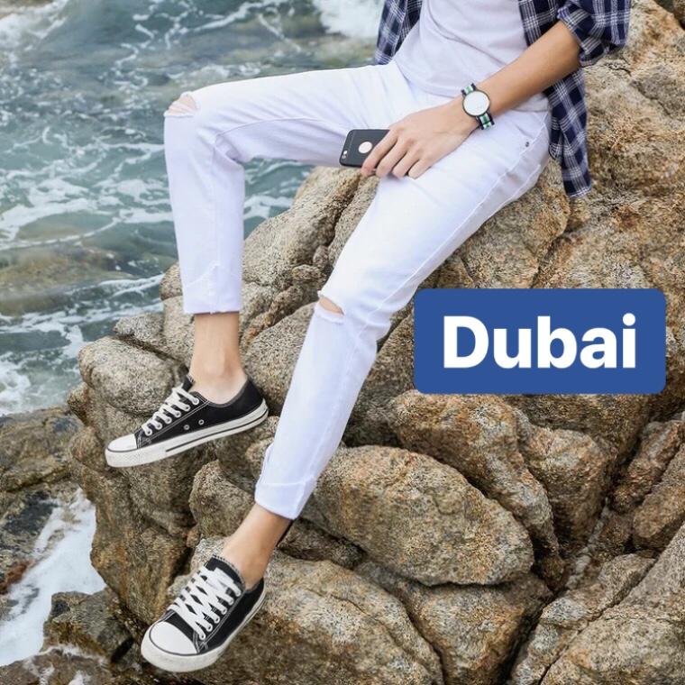 QUẦN JEAN NAM CHẤT BÒ TRẮNG ĐEN RÁCH GỐI SỌC 2 BÊN  CAO CẤP - DUBAI FASHION