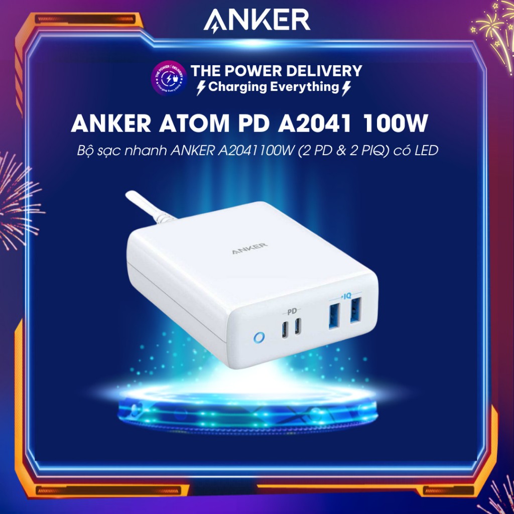 Bộ sạc nhanh anker a2041 powerport atom pd 4 100w có led thông báo, nhỏ gọn