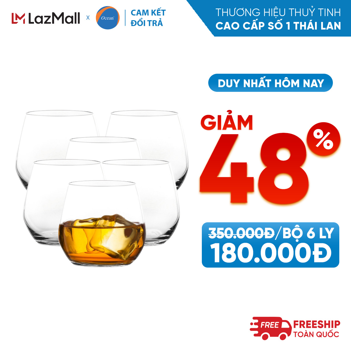 [Cam Kết Đổi Trả Nếu Vỡ] Bộ 6 Ly rượu Ocean Lexington Rock 345ml