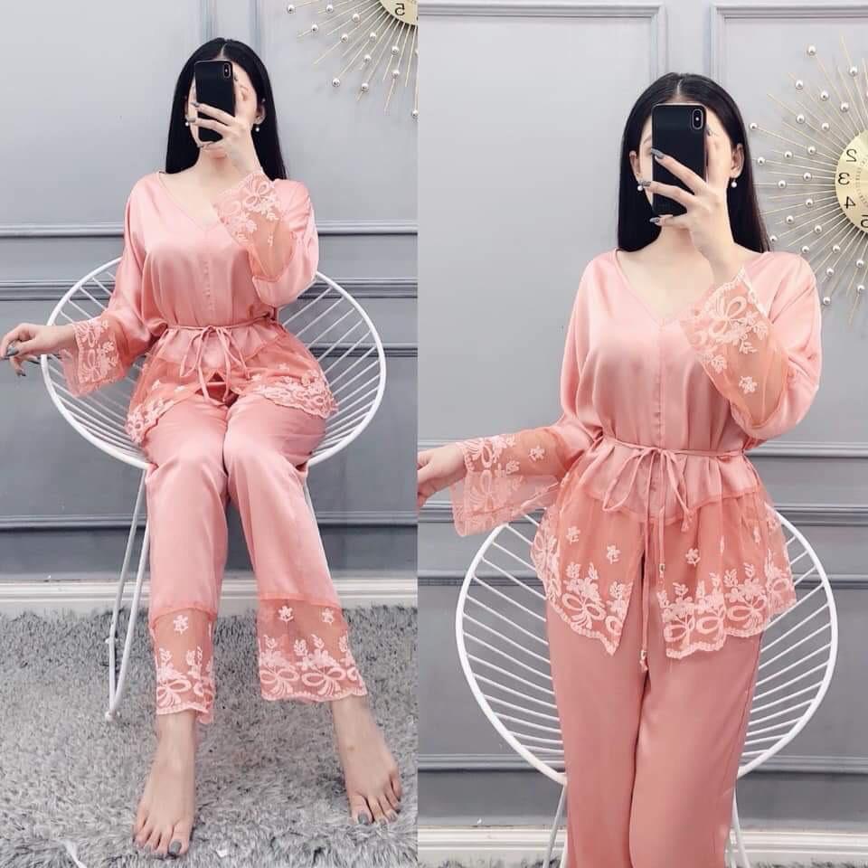 Sét bộ quần tay dài viền ren hình vải satin mềm-BS