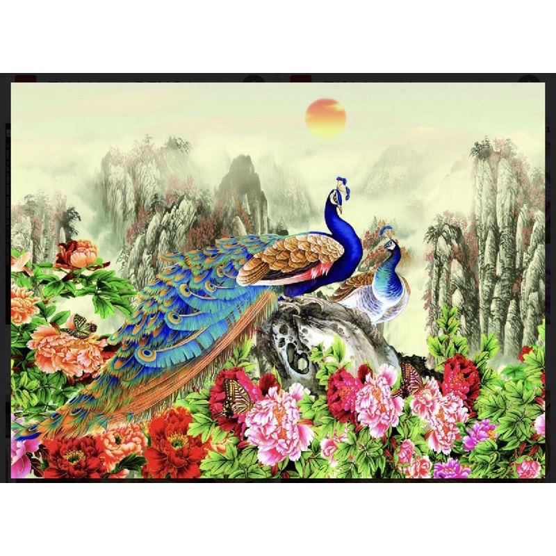 tranh phong thuỷ chim công dán tường 3d