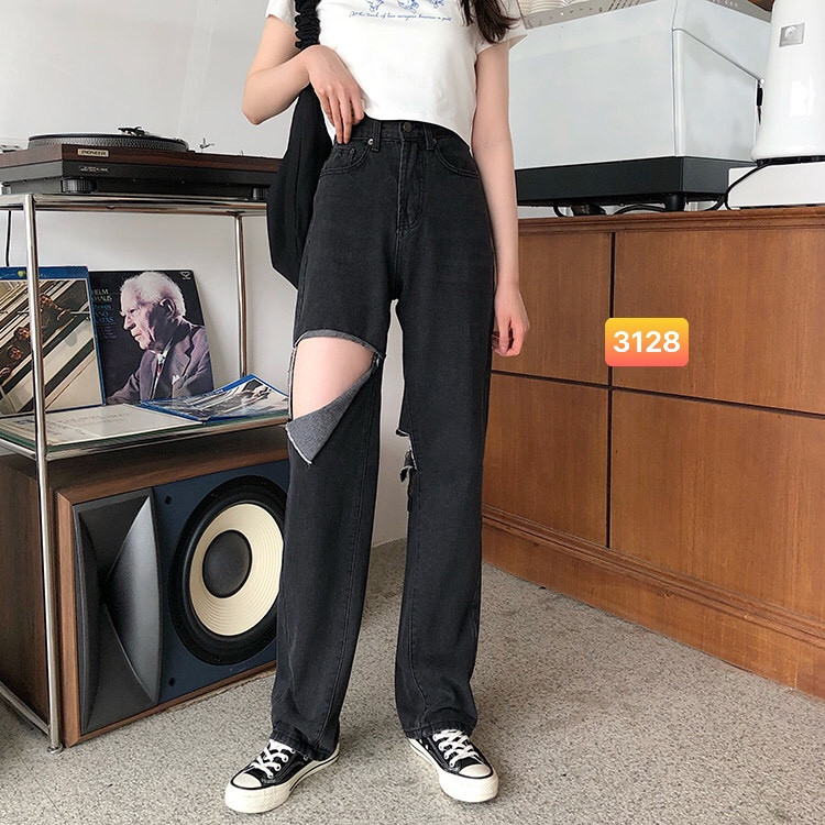 Quần baggy jean rách màu xám tro cực sang